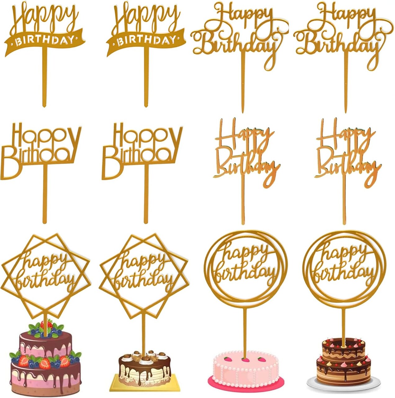 12PCS Gold Birthday Cake Toppers – Multi-Style Acrylic Picks for Party Decorations